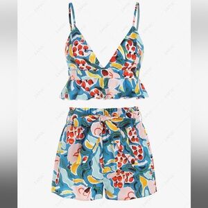 Abstract Fruit Print Ruffle Belted Wide Leg Shorts Set